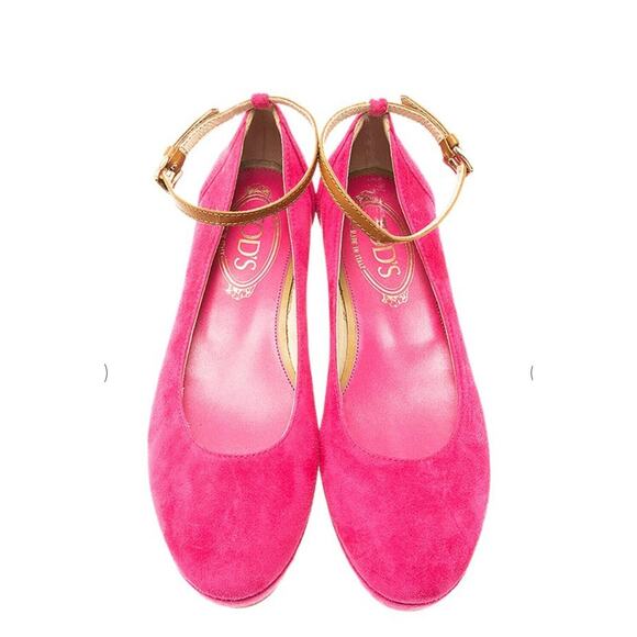 Tod's Deep Pink Suede Ankle Strap Ballerina Style Round Toe Wedge Shoes 38 / 8 - Picture 2 of 13